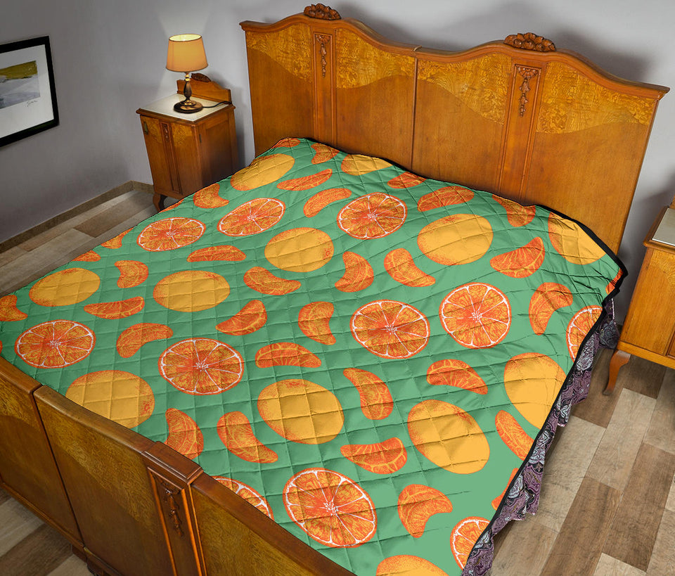 Orange Fruit Pattern Green Background Premium Quilt