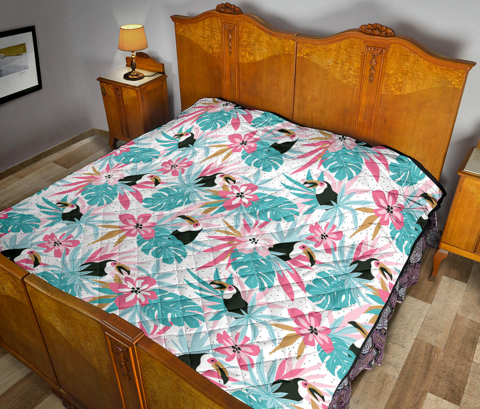 Toucan Tropical Flower Leave Pattern Premium Quilt.Jpg