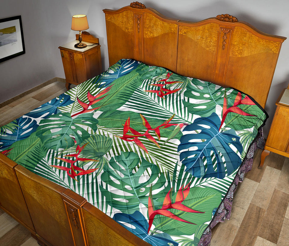 Heliconia Palm And Monstera  Leaves Pattern Premium Quilt