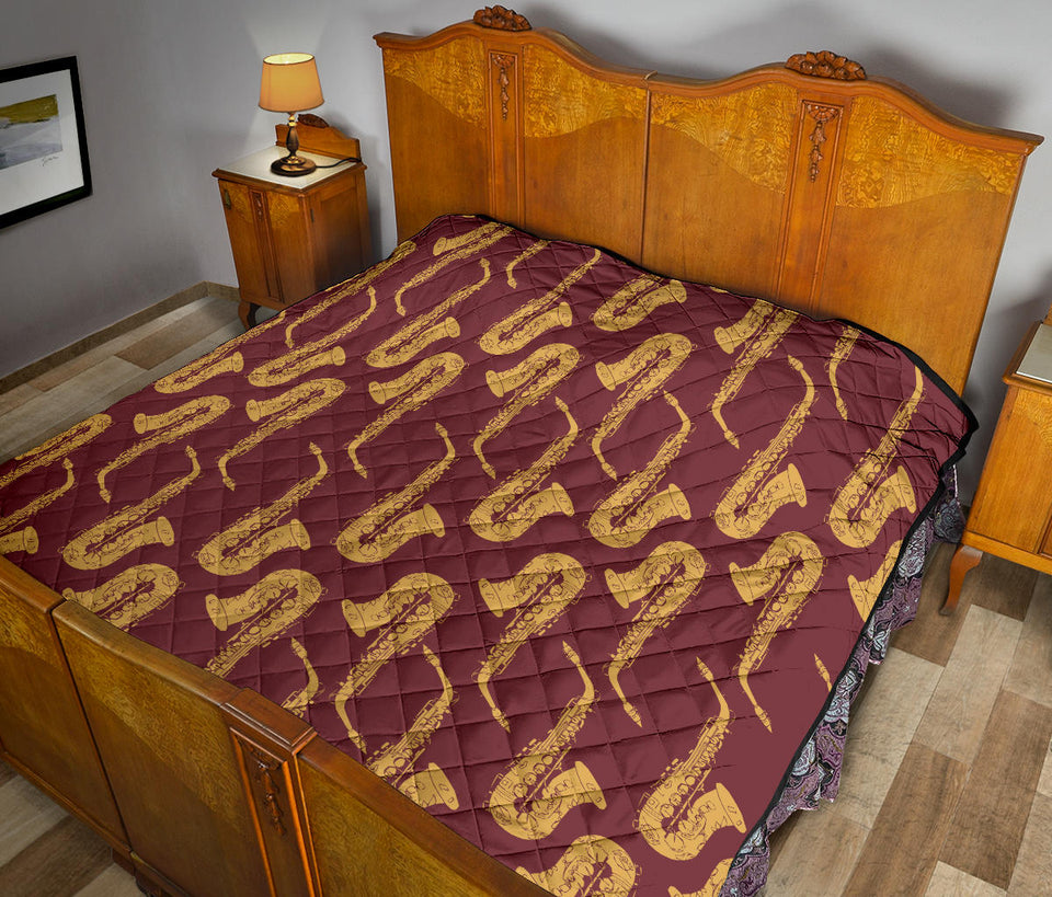 Hand Drawn Gold Saxophone Red Background  Premium Quilt