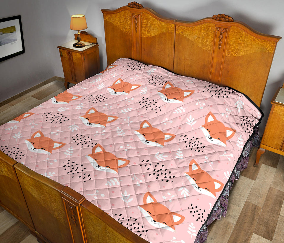 Cute Fox Pattern Pink Background Premium Quilt