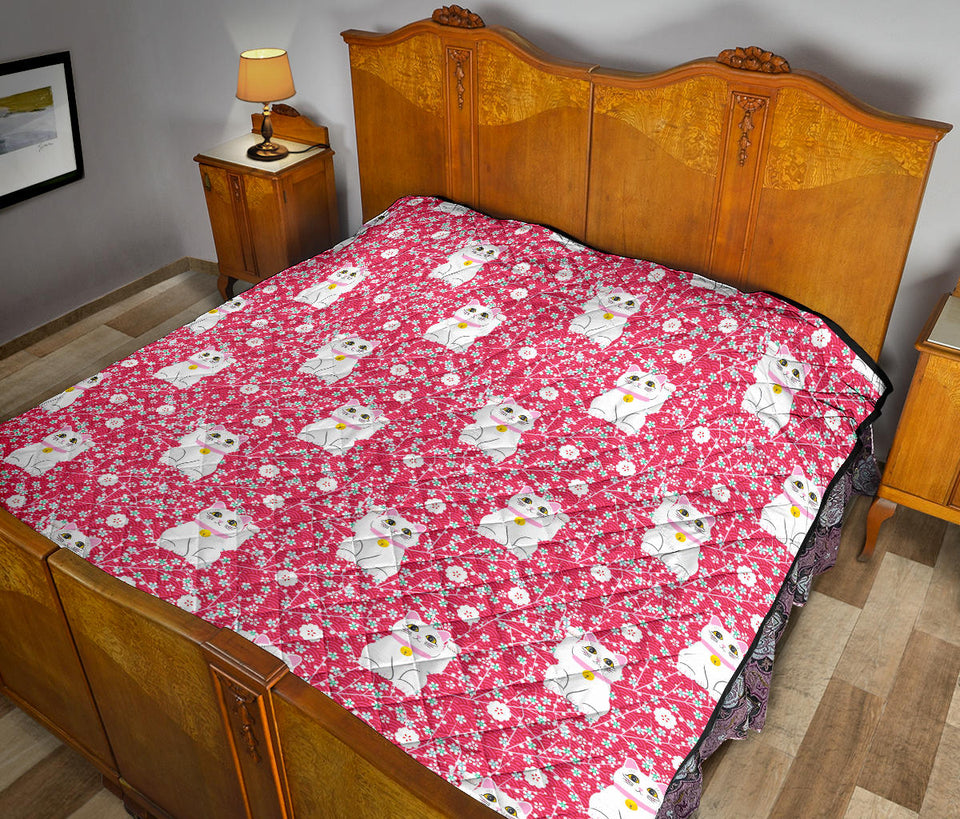 Maneki Neko Lucky Cat Sakura Pink Background Premium Quilt
