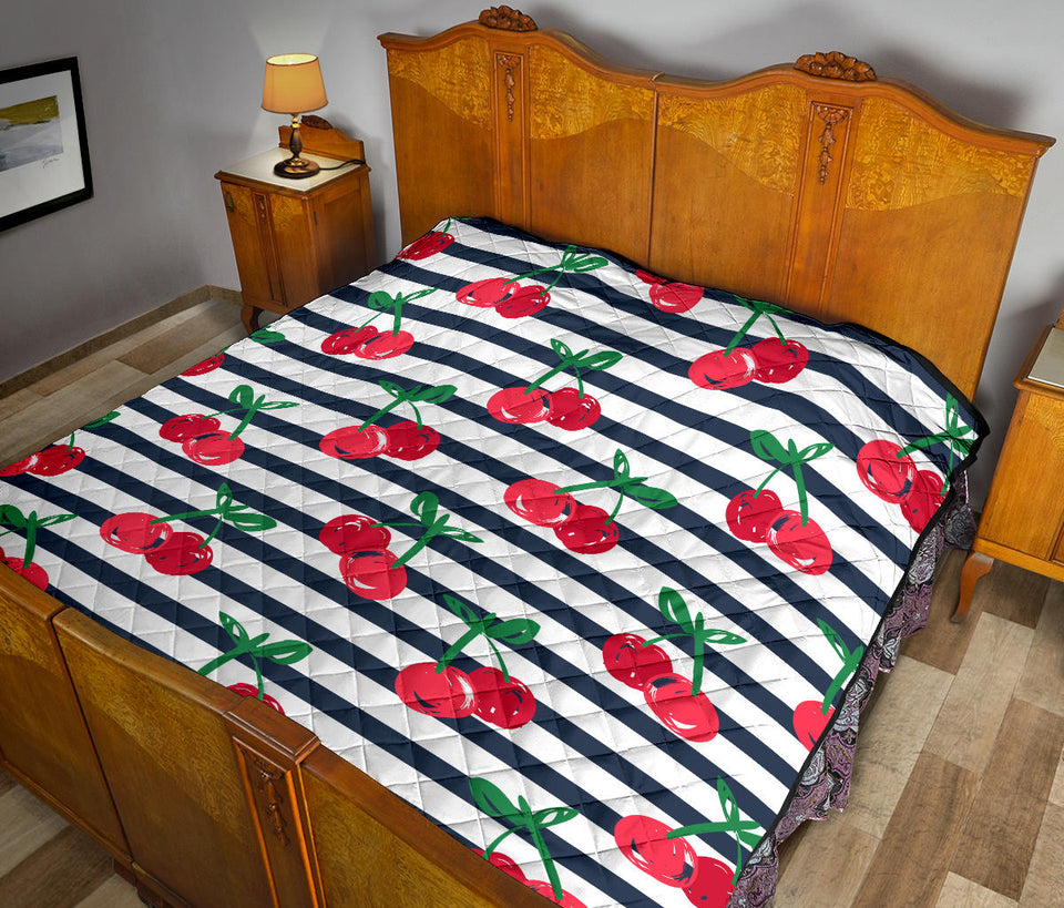 Hand Drawn Cherry Pattern Striped Background Premium Quilt