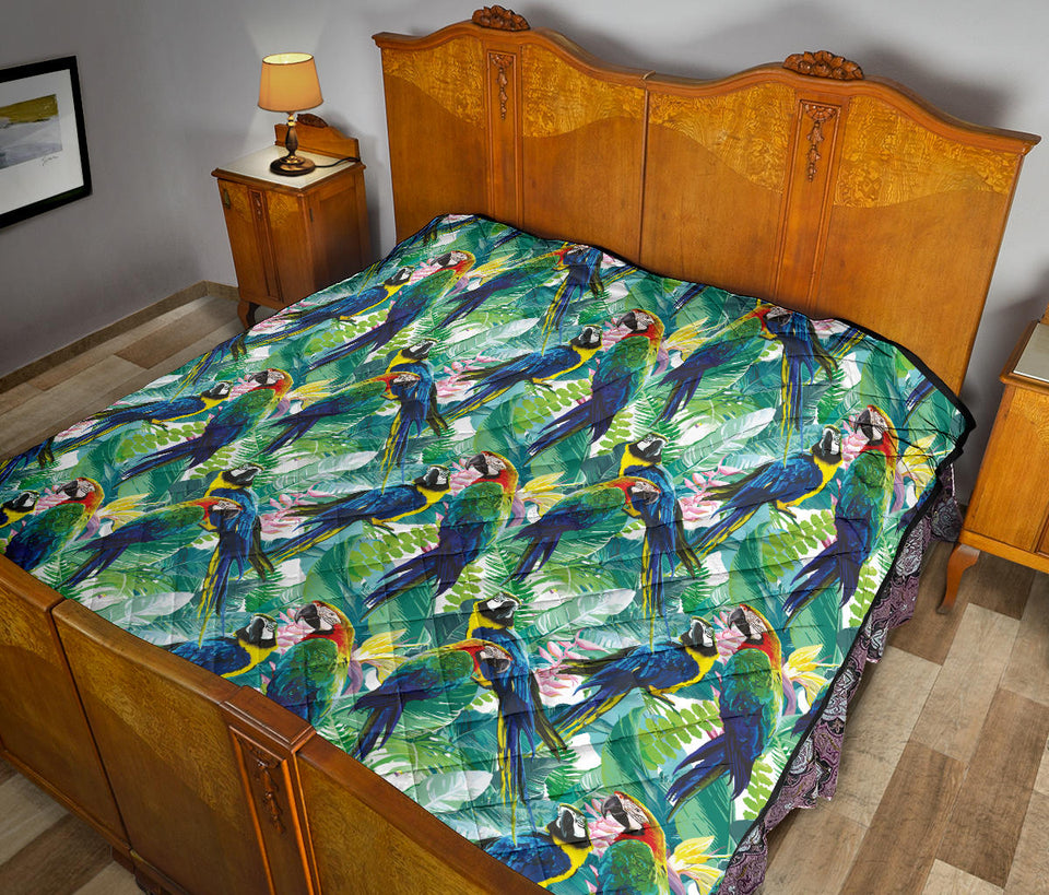 Colorful Parrot Exotic Flower Leaves Premium Quilt