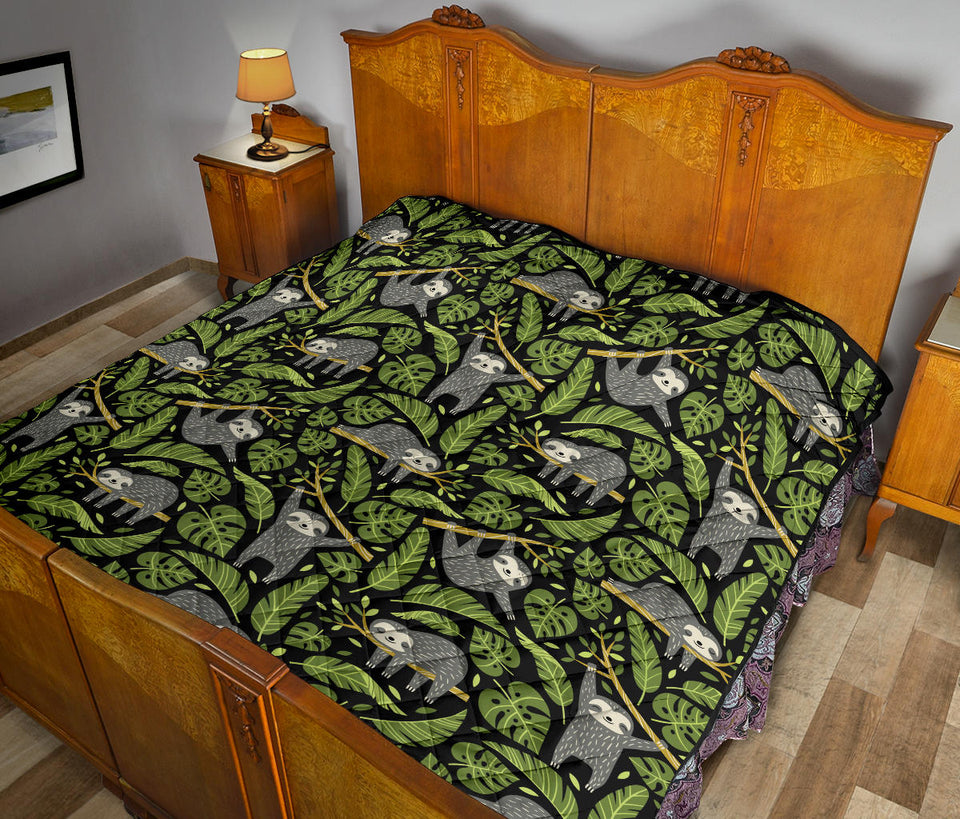 Cute Sloths Tropical Palm Leaves Black Background Premium Quilt