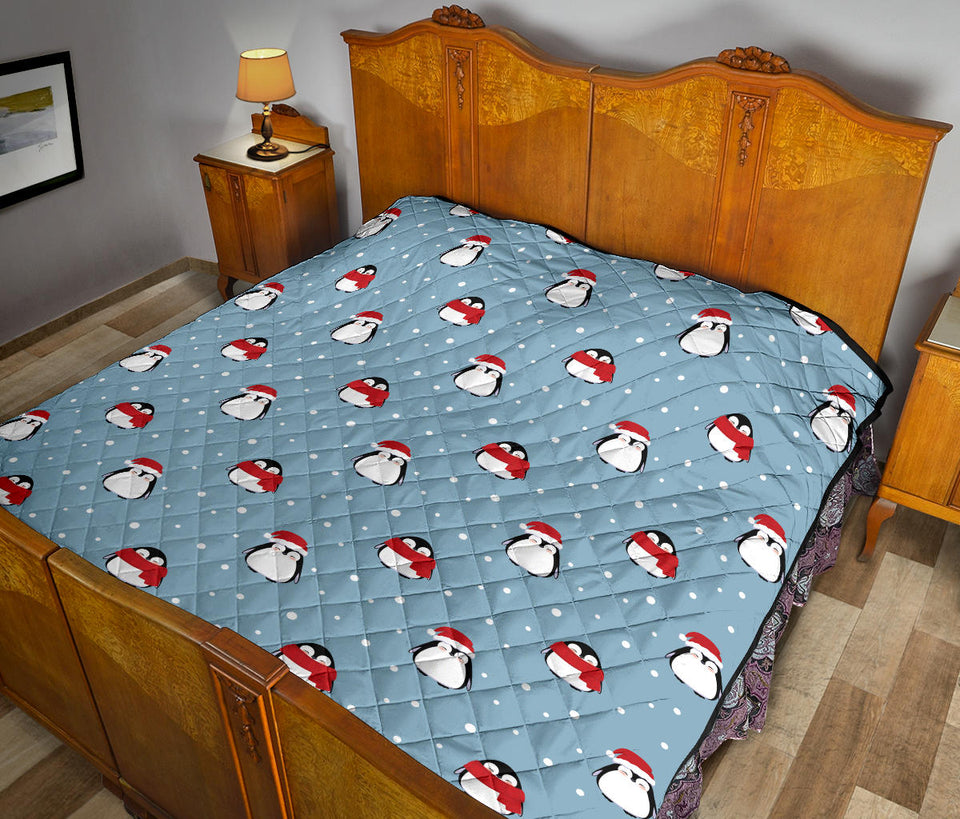 Cute Penguin Christmas Snow Pattern Premium Quilt