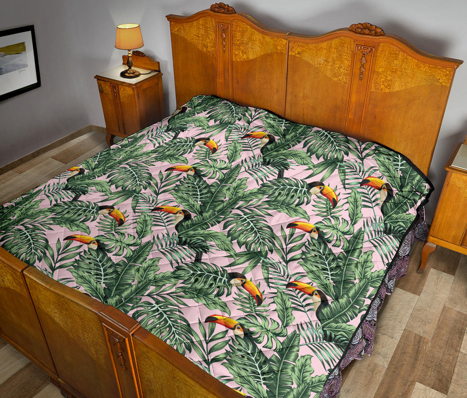 Toucan Tropical Green Jungle Palm Pattern Premium Quilt