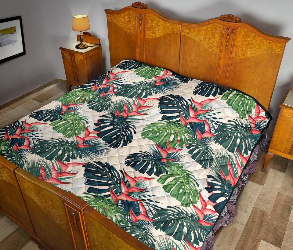 Heliconia Flowers, Palm And Monstera Leaves Premium Quilt