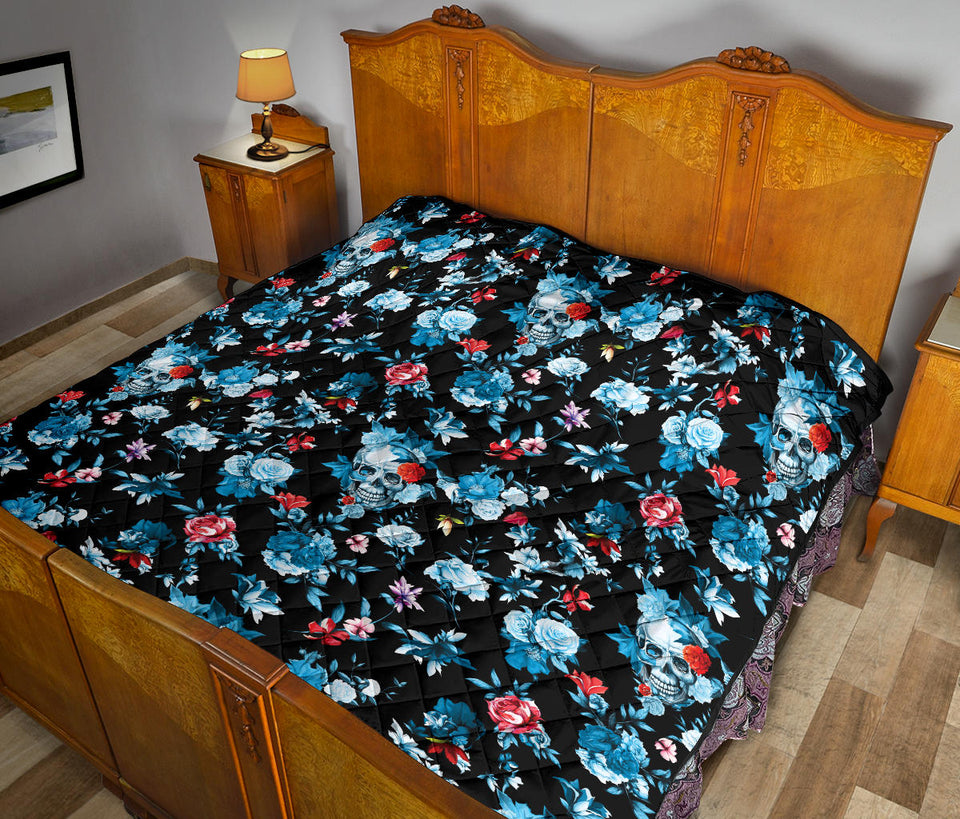 Skull Flower Roses Leave Pattern Premium Quilt