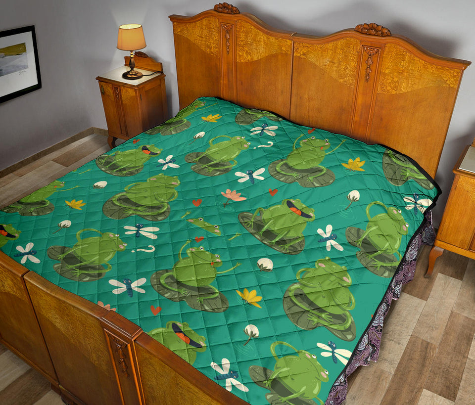 Cute Frog Dragonfly Design Pattern Premium Quilt