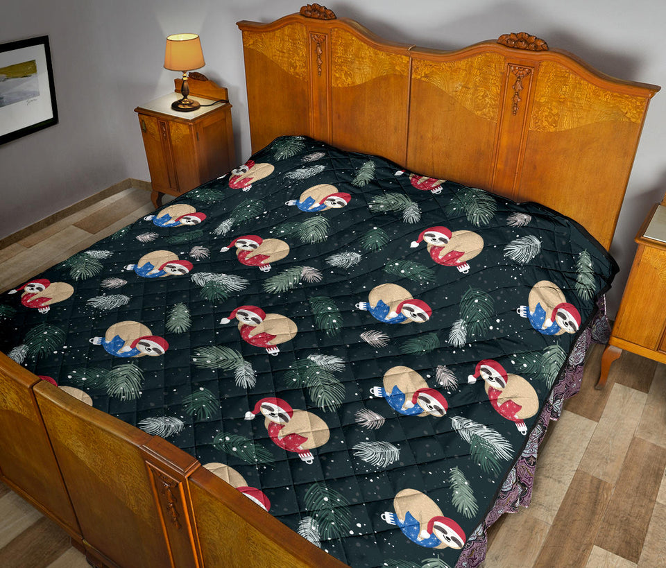 Cute Sloths Sleeping Christmas Ball Santa Hat Pattern Premium Quilt