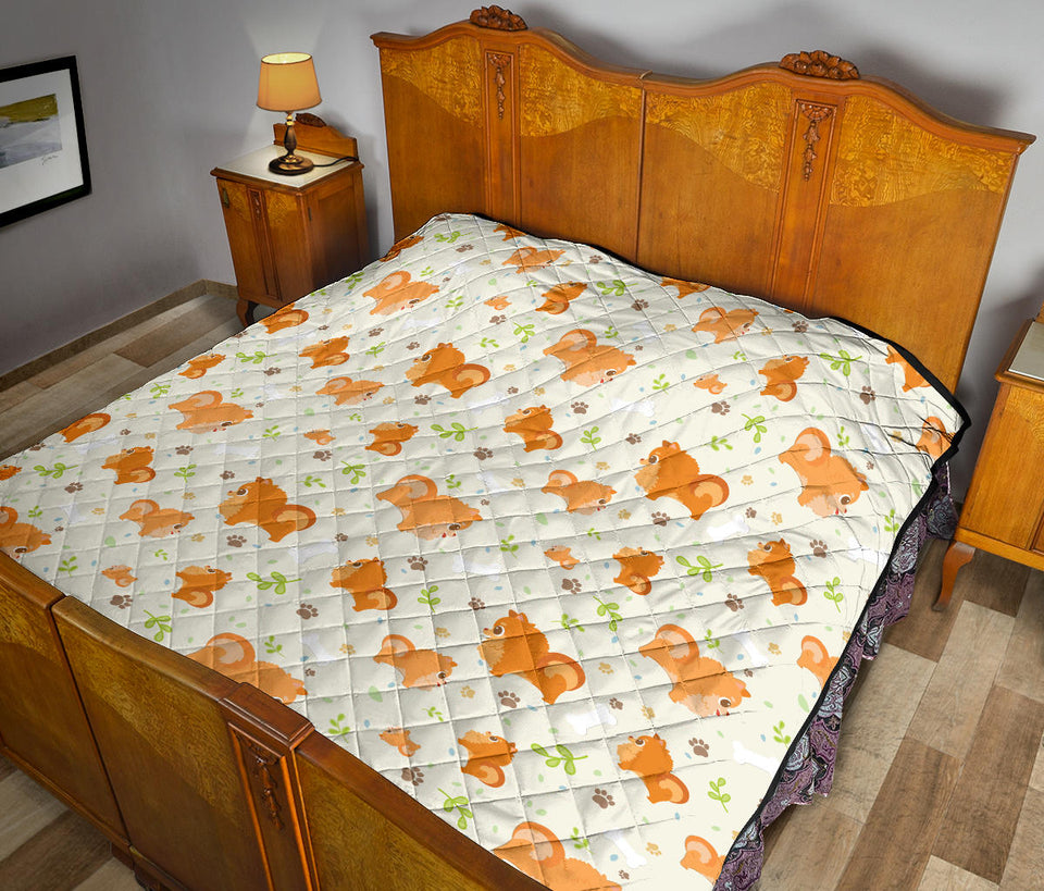 Cute Brown Pomeranian Paw Leave Bone Pattern Premium Quilt