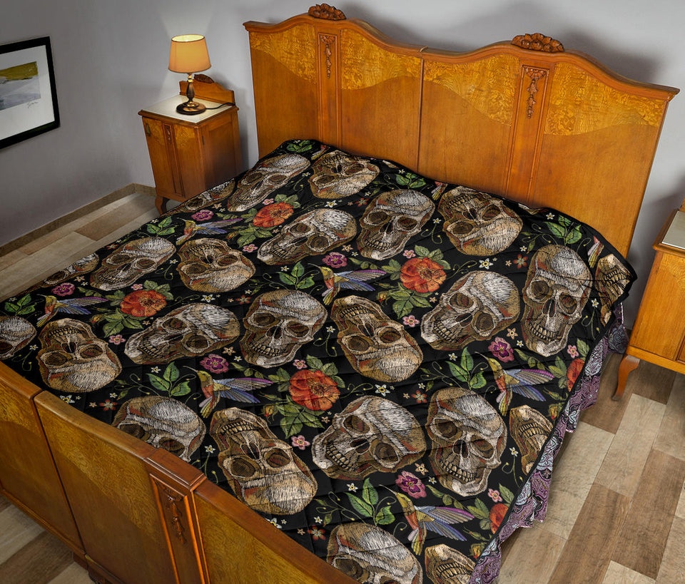 Skull Rose Humming Bird Flower Pattern Premium Quilt.