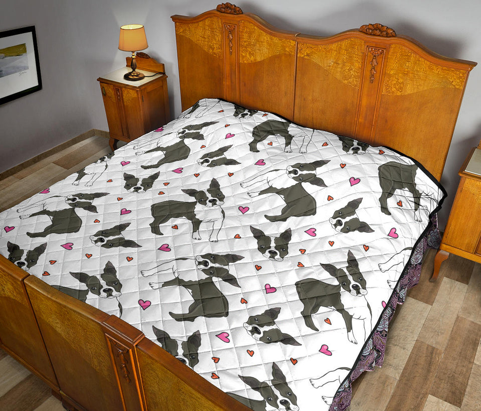 Boston Terrier Dog Hearts Vector Pattern Premium Quilt