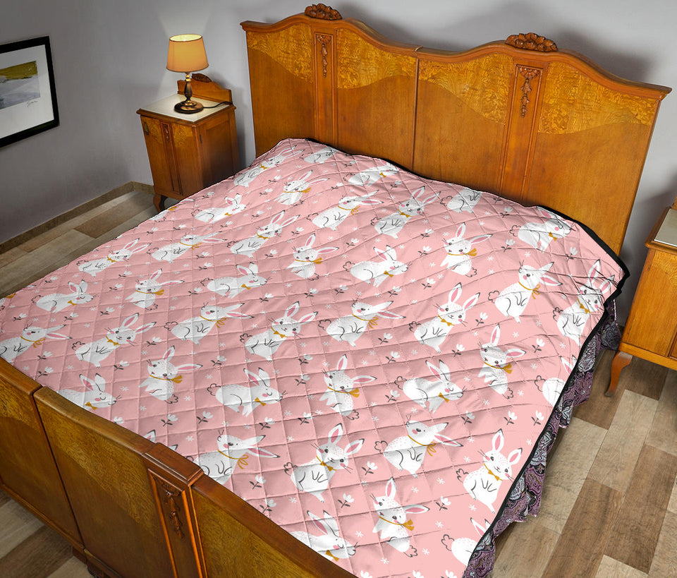 Cute White Rabbit Flower Pink Background Premium Quilt.