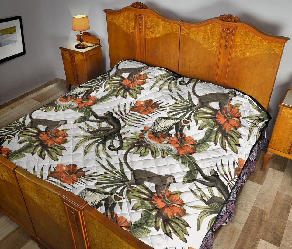 Monkey Red Hibiscus Flower Palm Leaves Floral Pattern Premium Quilt