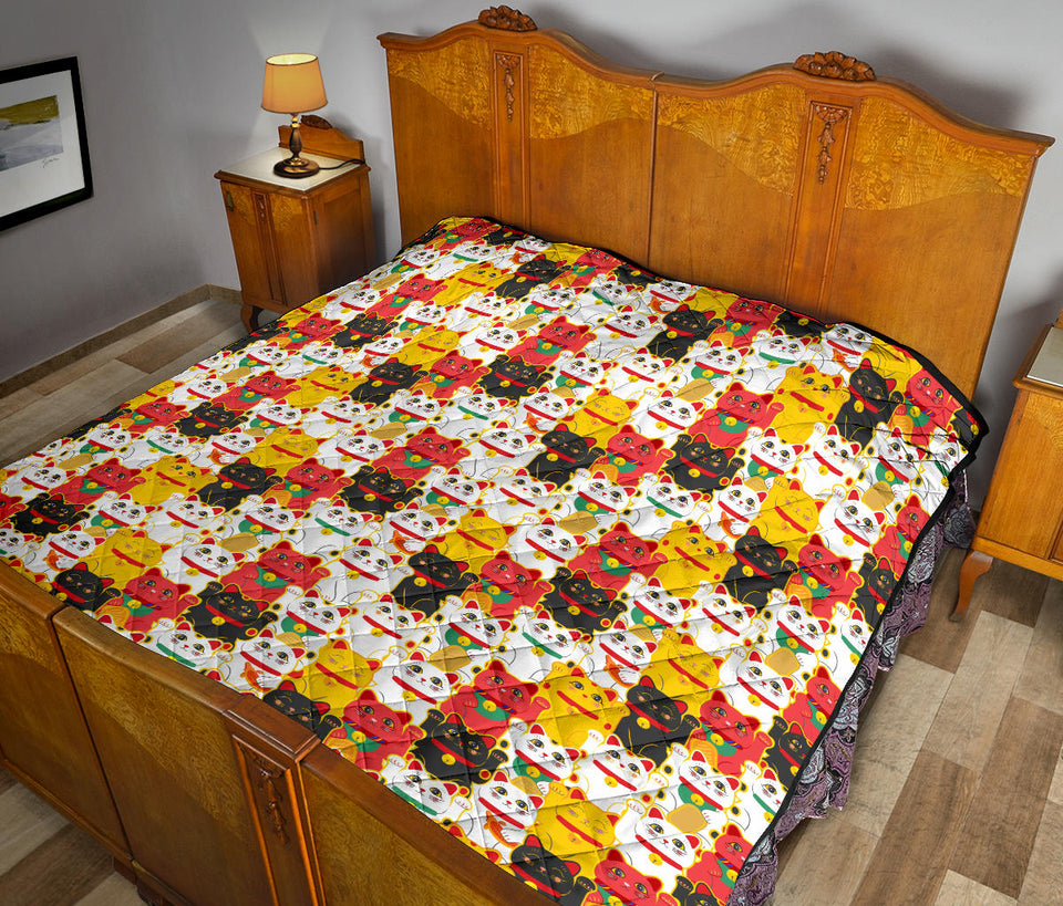 Colorful Maneki Neko Lucky Cat Pattern Premium Quilt