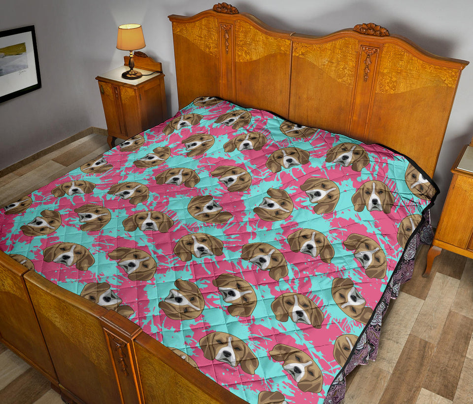 Beagle Muzzles Turquoise Paint Splashes Pink Pattern Premium Quilt