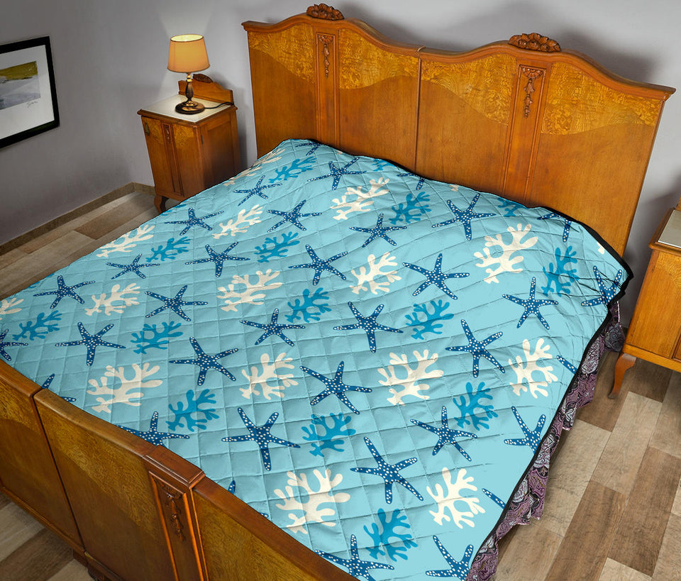 Blue Starfish Coral Reef Pattern Premium Quilt