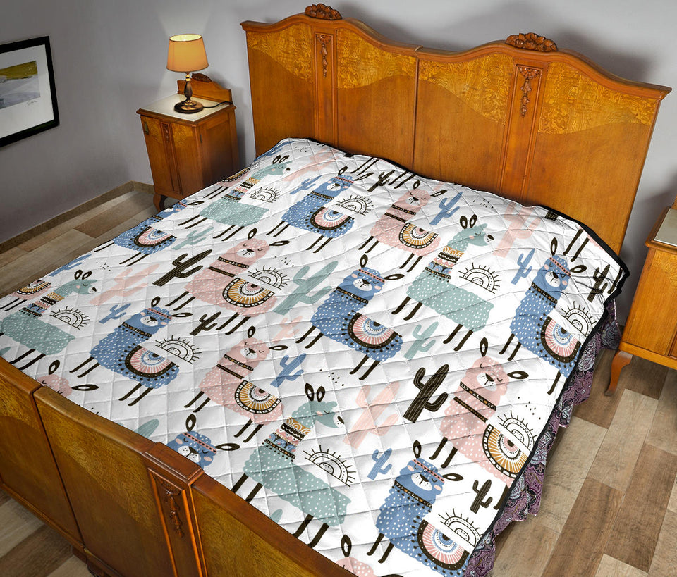 Lama Alpaca Cactus Hand Drawn Pattern Premium Quilt