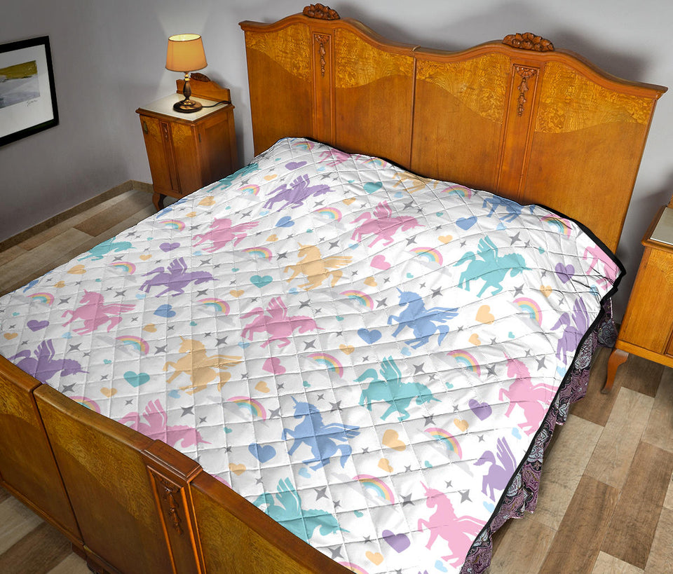 Colorful Unicorn Rainbow Heart Pattern Premium Quilt