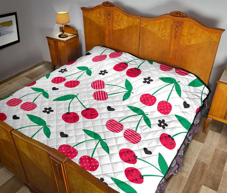 Cherry Pattern White Background Premium Quilt