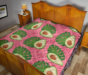 Avocado Slices Leaves Pink Back Ground Premium Quilt