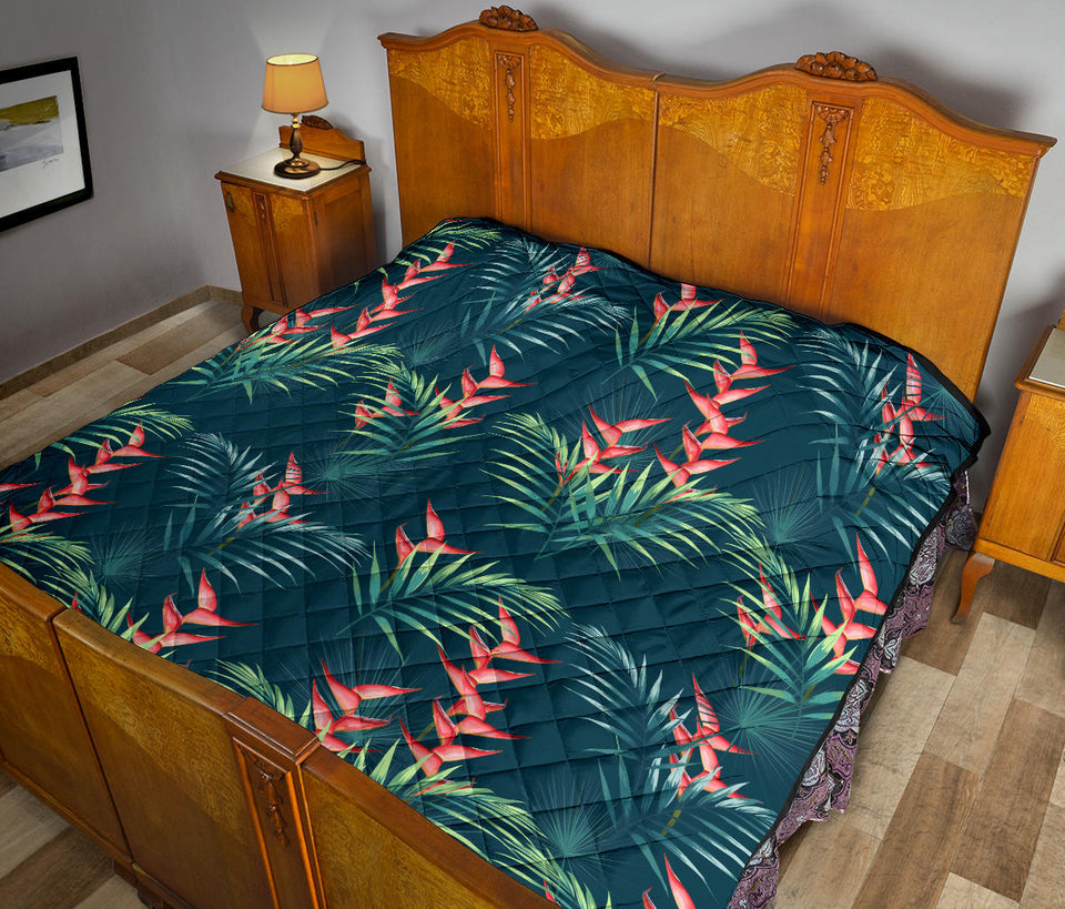 Heliconia Flowers, Palm And Monstera Leaves On Black Background Pattern Premium Quilt