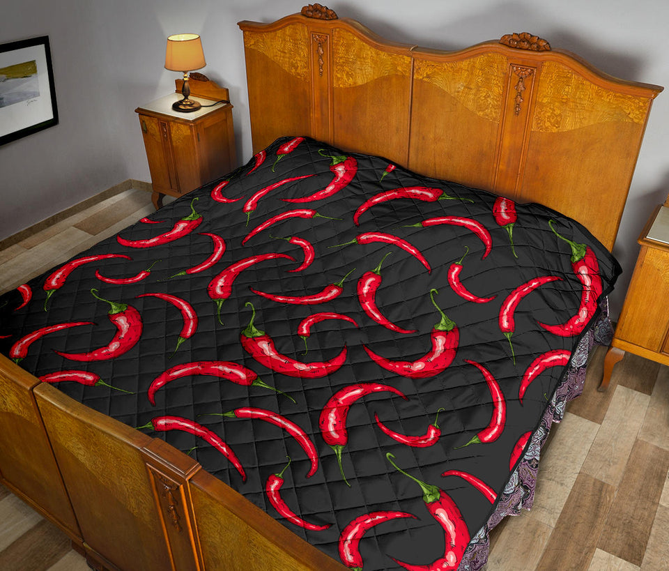 Chili Peppers Pattern Black Background Premium Quilt
