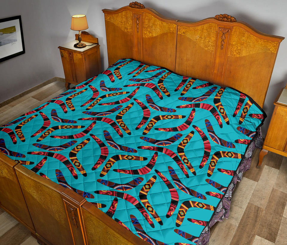 Boomerang Australian Aboriginal Ornament Blue Background Premium Quilt