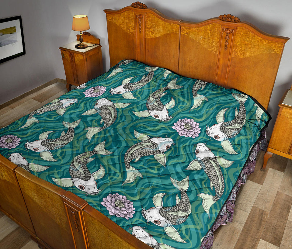 Koi Fish Carp Fish Lotus Pattern Premium Quilt
