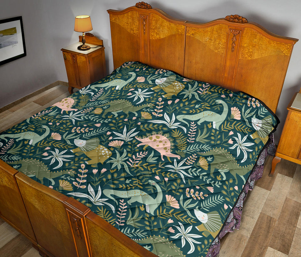 Dinosaurs Tropical Leaves Flower Pattern Premium Quilt