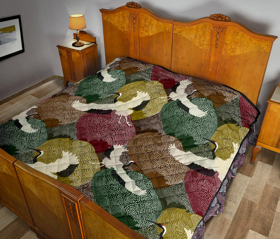 Japanese Cranes Flying Forest Dot Pattern Premium Quilt