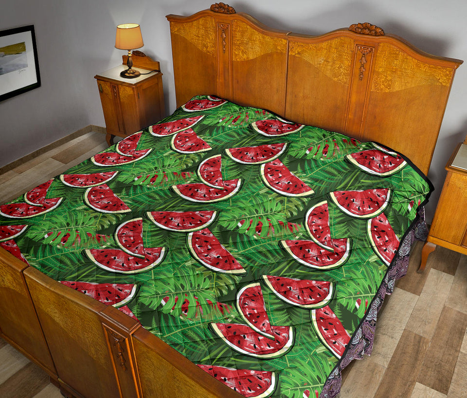 Watermelons Tropical Palm Leaves Pattern Background Premium Quilt