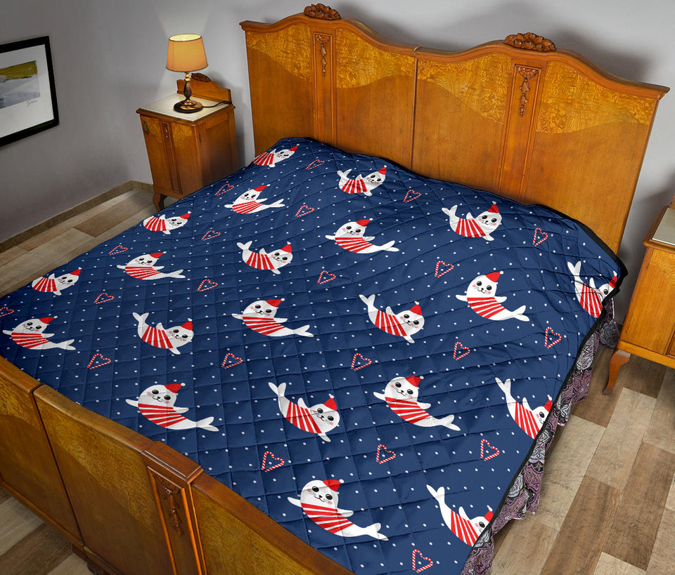Cute Sea Lion Seal Christmas Hat Candy Cane Heart Pattern Premium Quilt