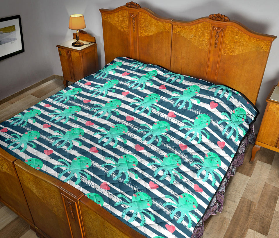 Cute Octopuses Heart Striped Background Premium Quilt
