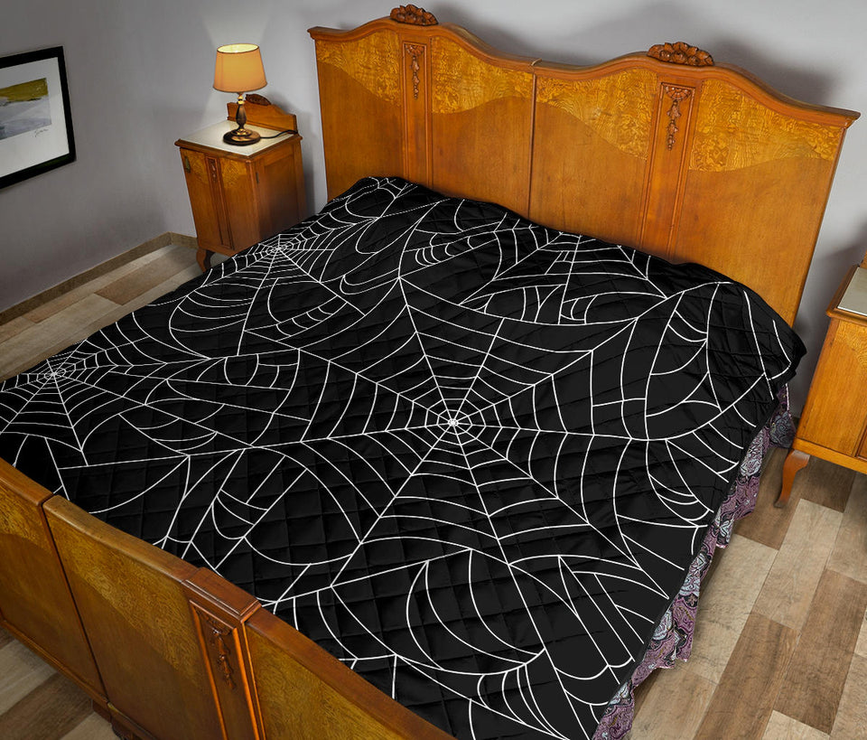 Spider Web Pattern Black Background White Cobweb Premium Quilt