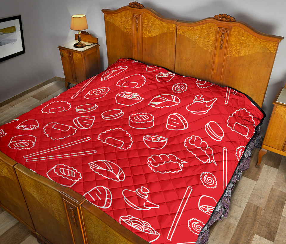 Sushi Pattern Red Background Premium Quilt