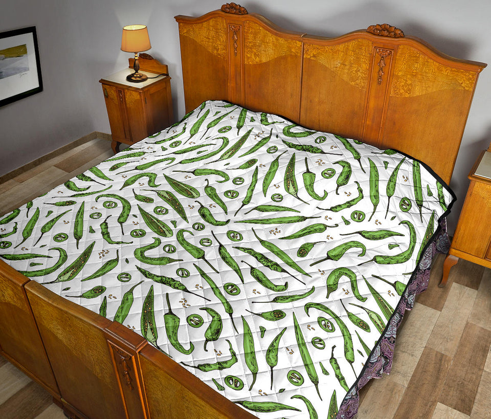 Hand Drawn Sketch Style Green Chili Peppers Pattern Premium Quilt