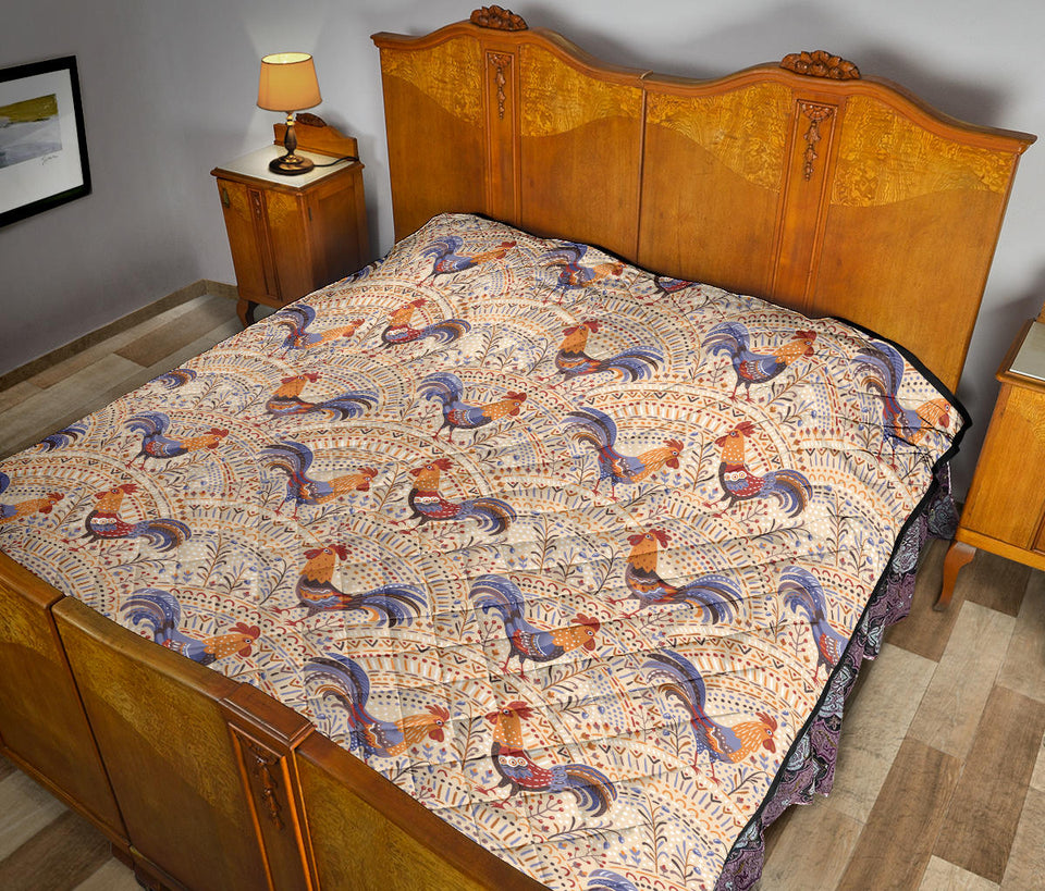 Cute Rooster Chicken Cock Floral Ornament Background Premium Quilt