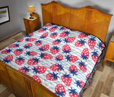 Strawberry Pattern Blue Lines Background Premium Quilt
