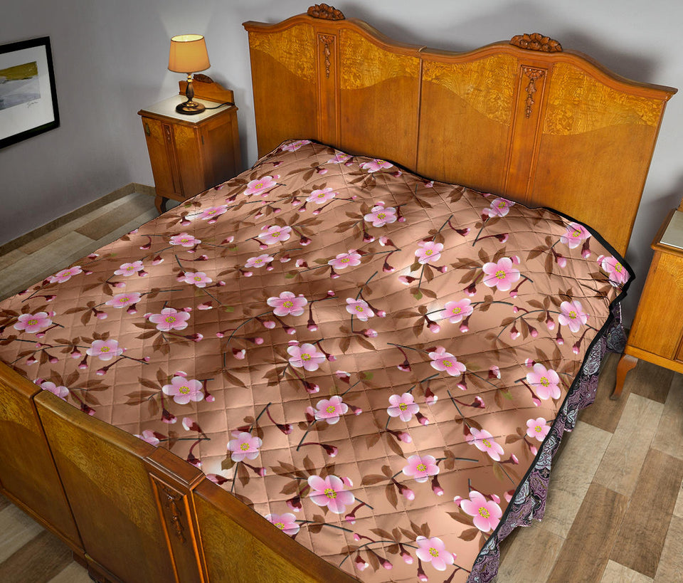 Pink Sakura Cherry Blossom Drak Brown Background Premium Quilt