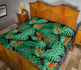 Heliconia Flower Palm Monstera Leaves Black Background Premium Quilt