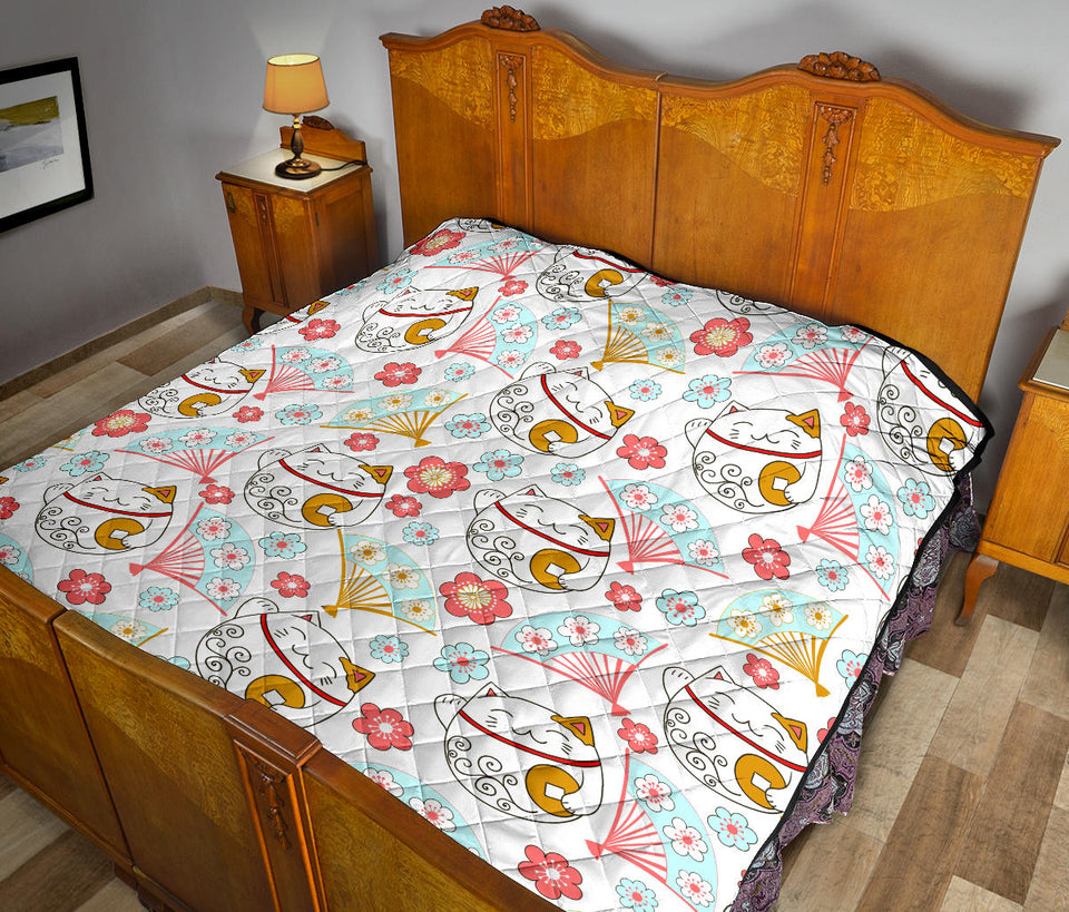 Maneki Neko Lucky Cat Fan Sakura Premium Quilt