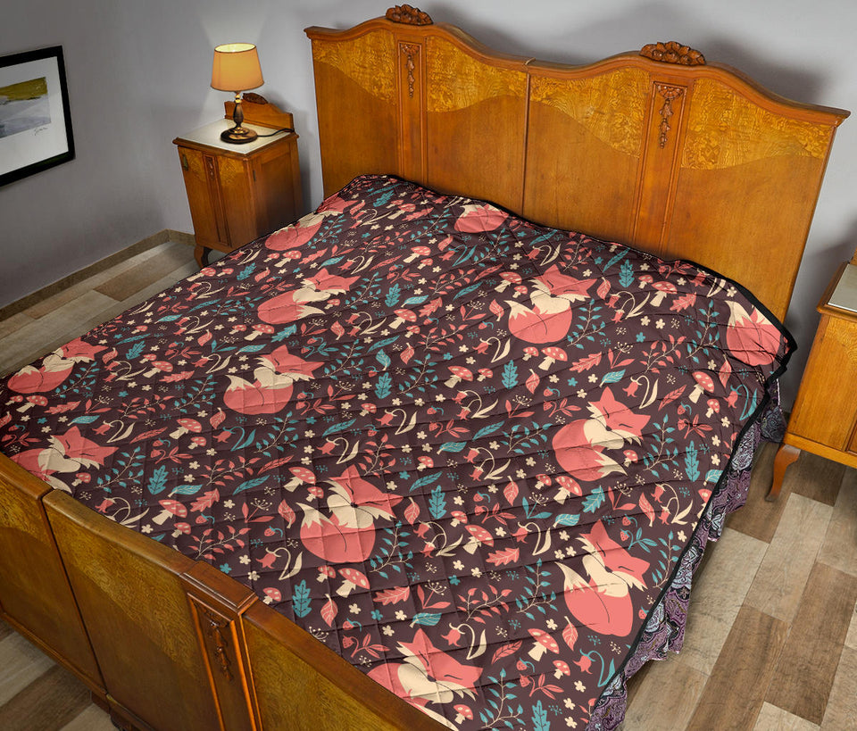 Fox Leaves Mushroom Pattern Premium Quilt