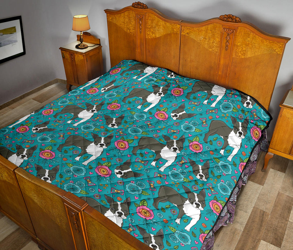 Boston Terrier Beautiful Flower Pattern Premium Quilt