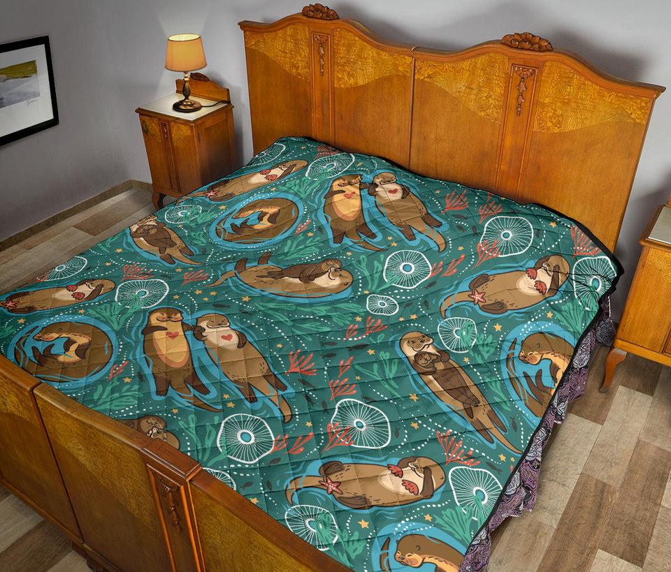 Cute Brown Sea Otters Ornamental Seaweed Corals Green Water Premium Quilt