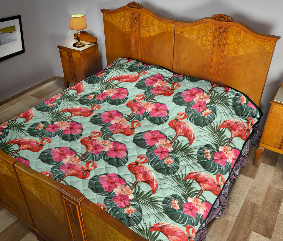 Beautiful Flamingo Tropical Palm Leaves Hibiscus Pateern Background Premium Quilt