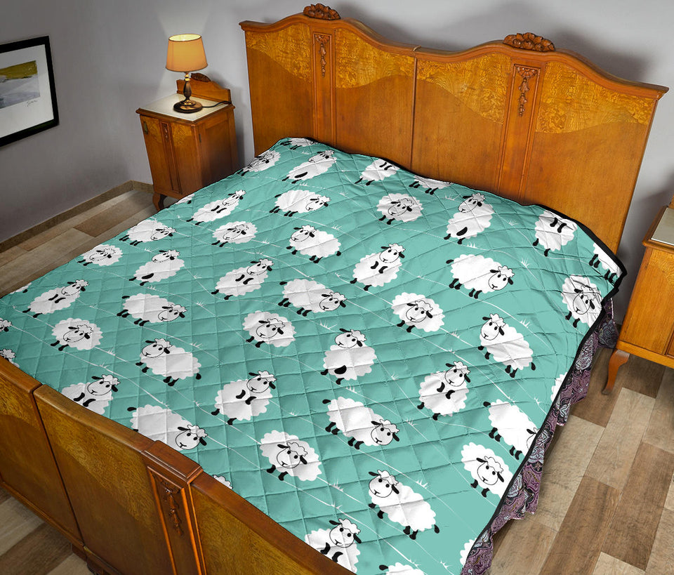 Cute Sheep Green Background Premium Quilt