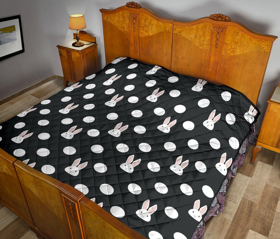 Cute White Rabbit Polka Dots Black Background Premium Quilt